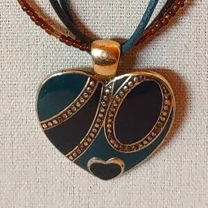 Vintage Gold Tone Turquoise & Dark Navy Enamel Heart Pendant Necklace 18”